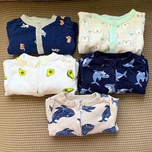 Set of 5 Long Sleeve One Piece Footies Pajamas size 0-3M